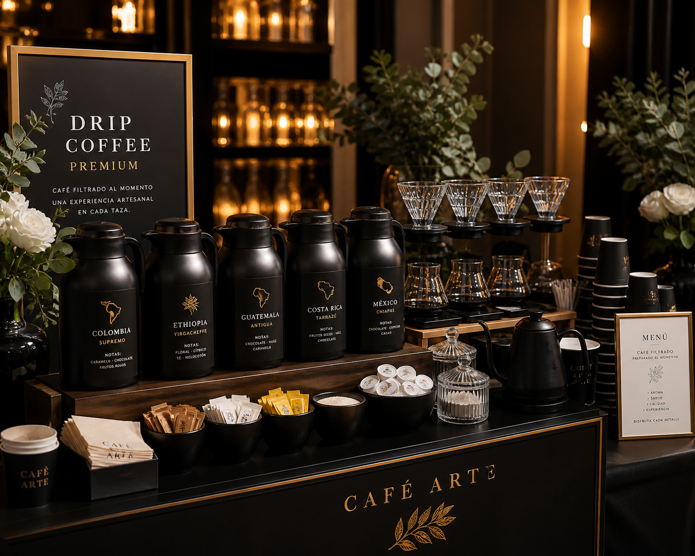 Drip Coffee Premium — barra de cafeteras y orígenes